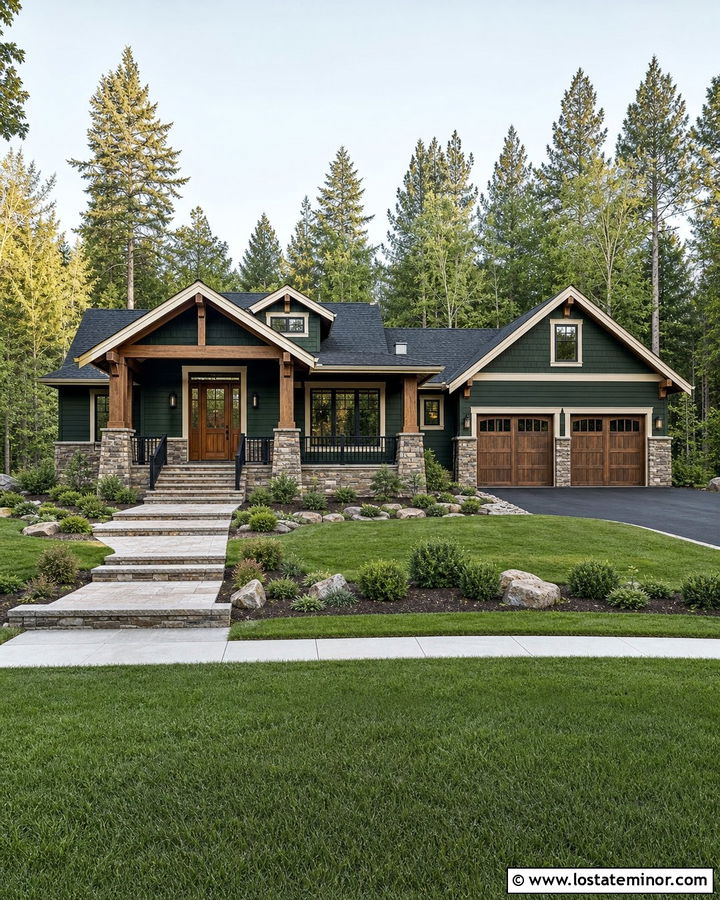 Forest Green House With Stone Porch - 30 Forest Green House Design With Accents Ideas