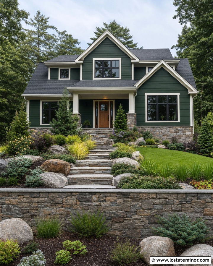 Forest Green House With Stone Retaining Wall - 30 Forest Green House Design With Stone Accents Ideas