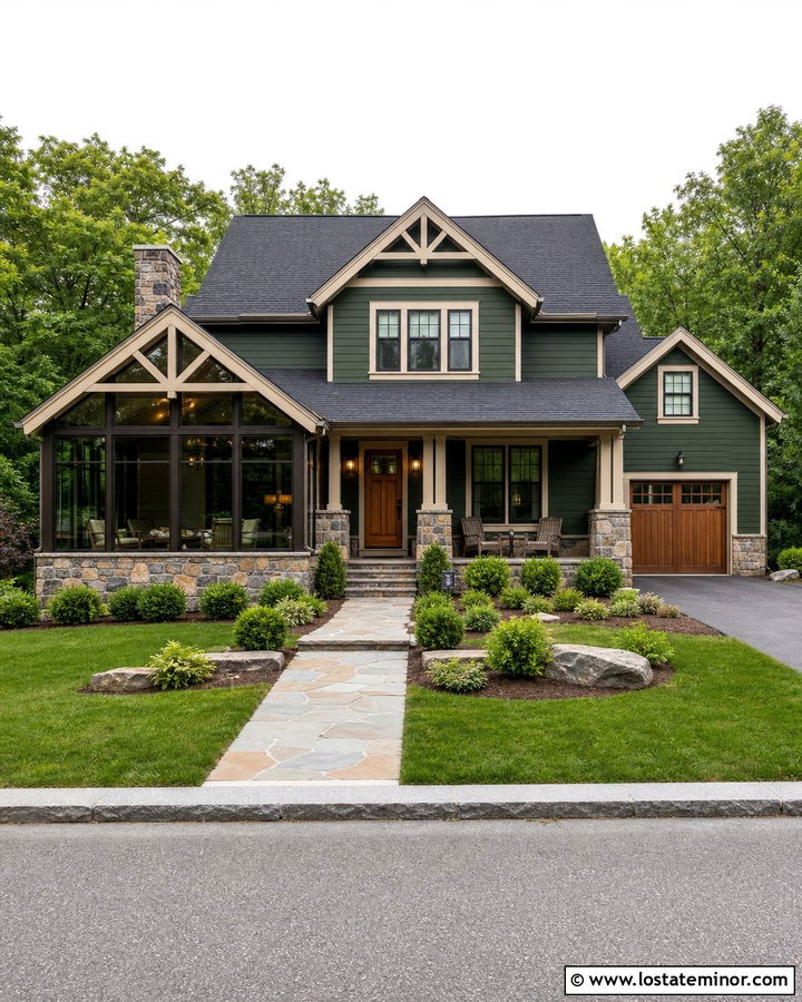 Forest Green House With Stone Sunroom Base - 30 Forest Green House Design With Sunroom Ideas