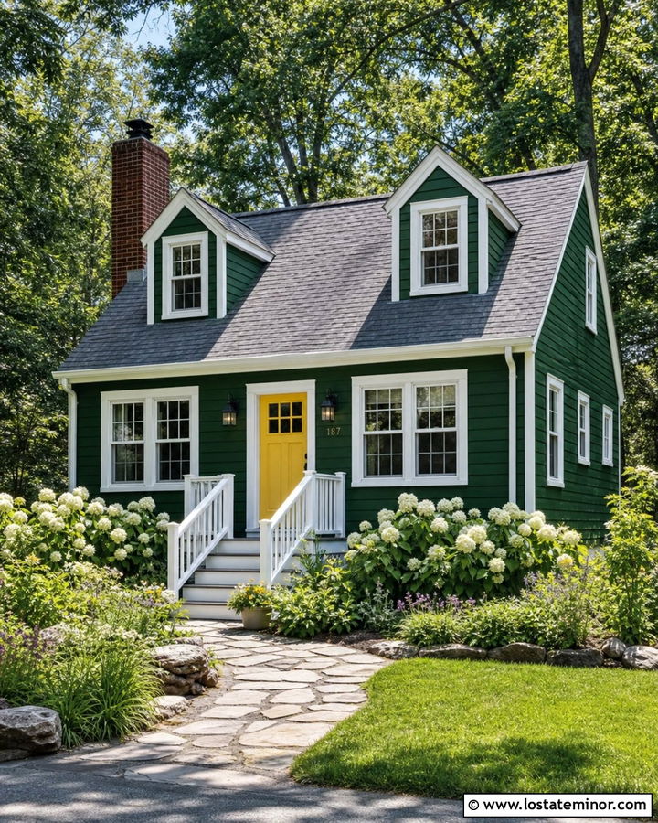 Forest Green House With Sunny Yellow Front Door - 30 Forest Green House Design With Entry Door Ideas
