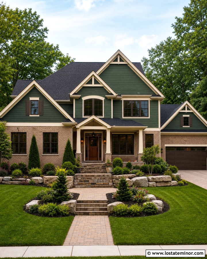 Forest Green House With Tan Brick - 30 Forest Green House Design With Brick Accents Ideas