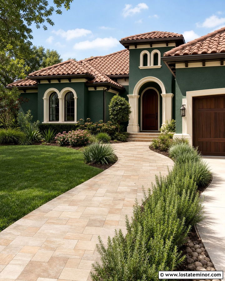Forest Green House With Tan Paver Walkway - 30 Forest Green House Design With Walkway Ideas