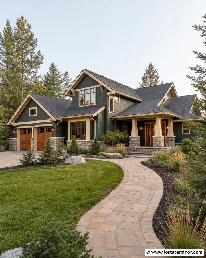 Forest Green House With Tan Stone Trim - 30 Forest Green House Design With Trim Ideas
