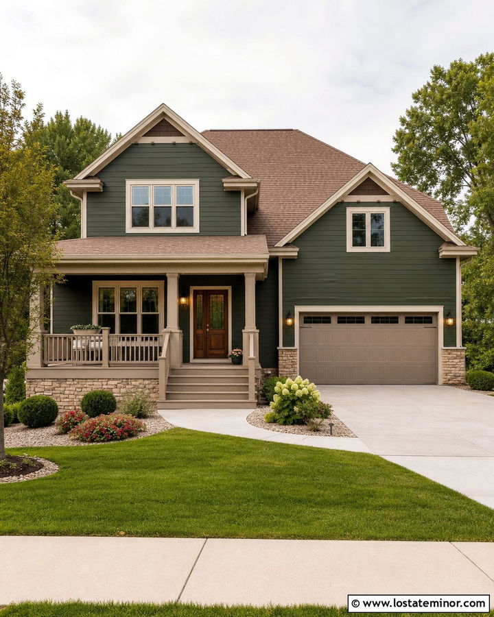 Forest Green House With Taupe Composite Railings - 30 Forest Green House Design With Railings Ideas