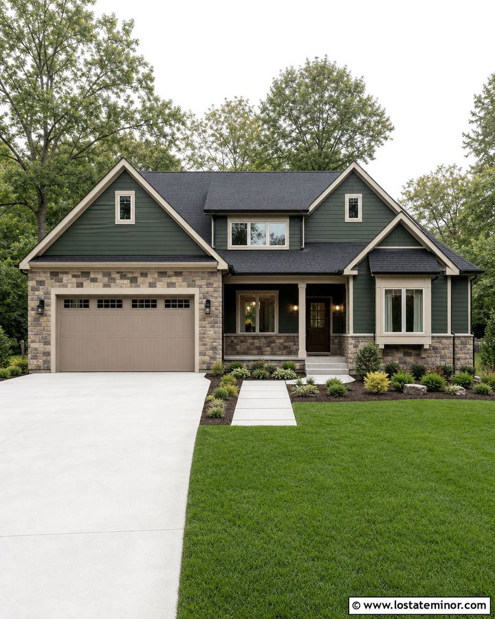 Forest Green House With Taupe Garage Door - 30 Forest Green House Design With Garage Door Ideas