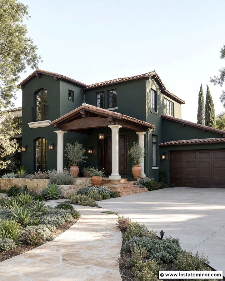 Forest Green House With Terracotta Front Porch - 30 Forest Green House Design With Front Porch Ideas