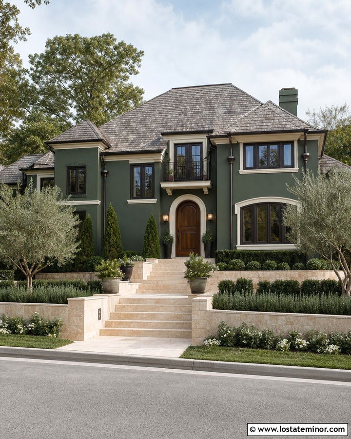 Forest Green House With Travertine Steps And Bronze Gutters - 30 Forest Green House Design With Steps Ideas