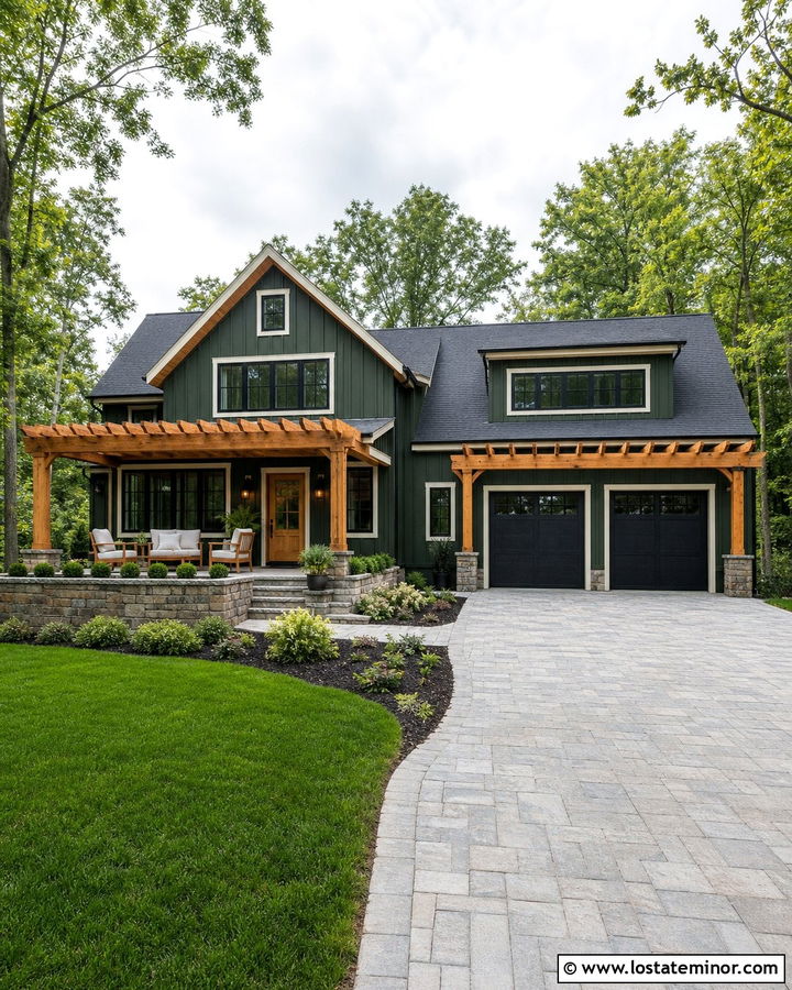 Forest Green House With Two Pergolas - 30 Forest Green House Design With Pergola Ideas