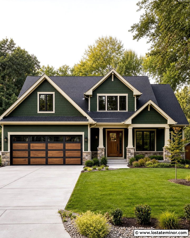 Forest Green House With Two Tone Garage Door - 30 Forest Green House Design With Garage Door Ideas