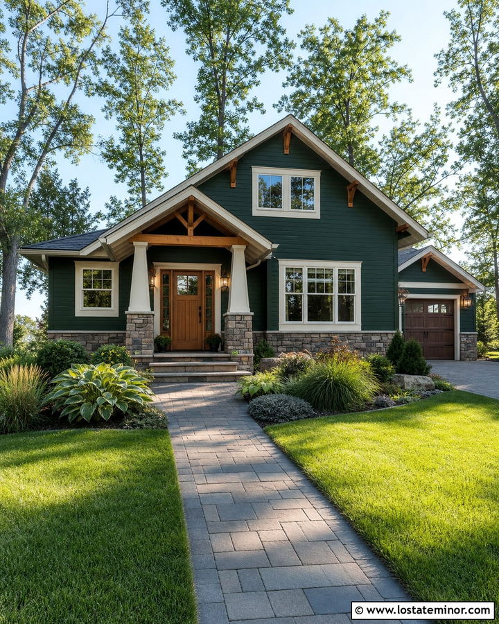 Forest Green House With Walkway And Stone Porch - 30 Forest Green House Design With Walkway Ideas