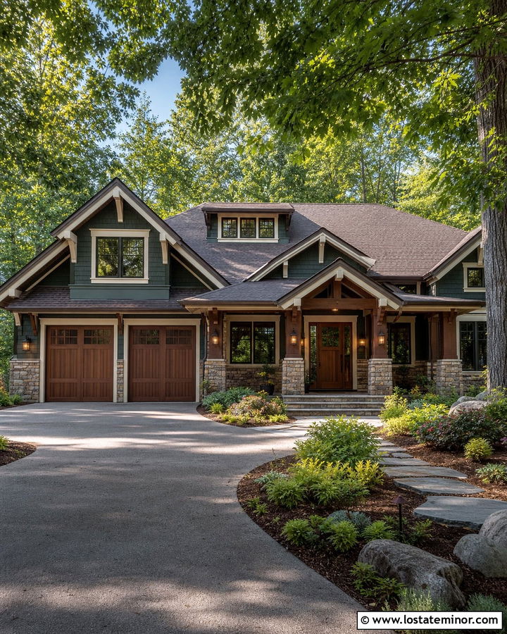 Forest Green House With Walnut Garage Door - 30 Forest Green House Design With Garage Door Ideas