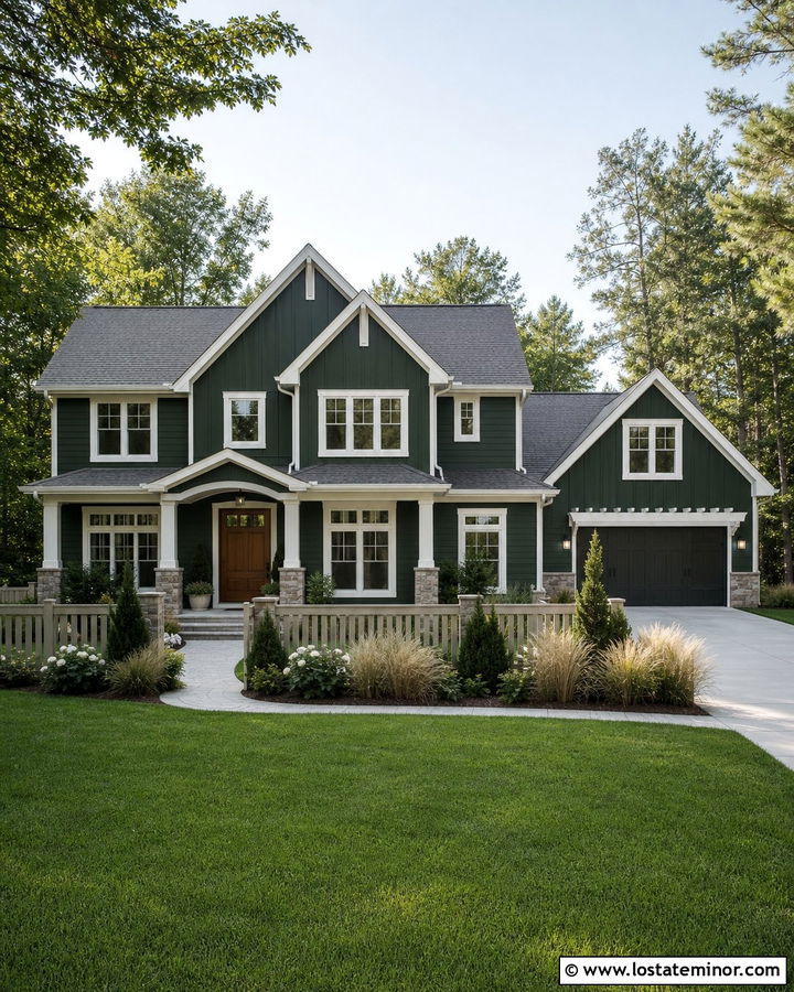 Forest Green House With Warm Gray Fence - 30 Forest Green House Design With Fence Ideas