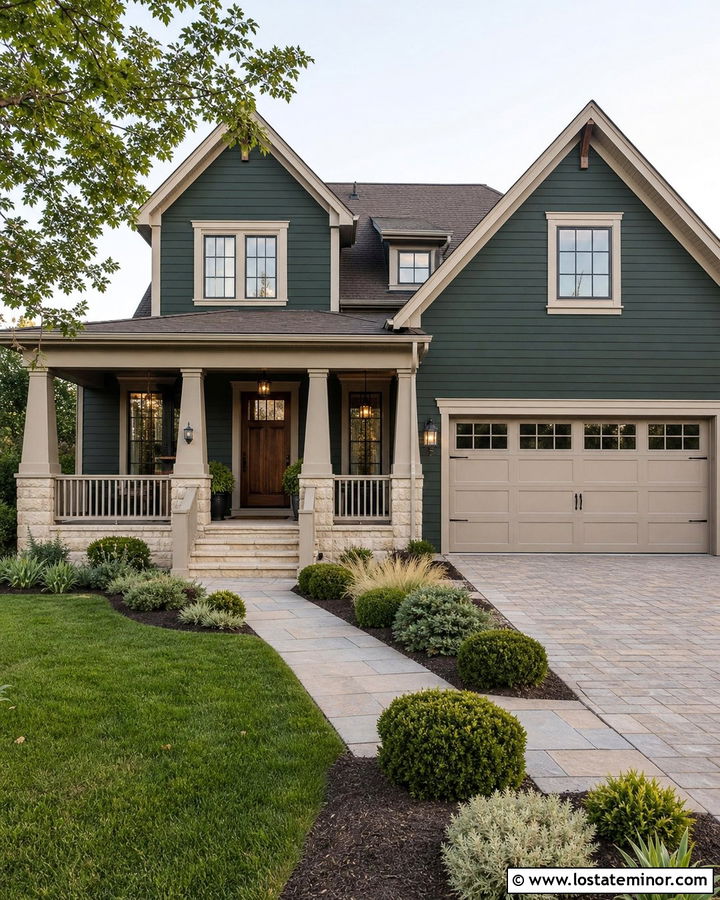 Forest Green House With Warm Greige Porch Trim - 30 Forest Green House Design With Front Porch Ideas