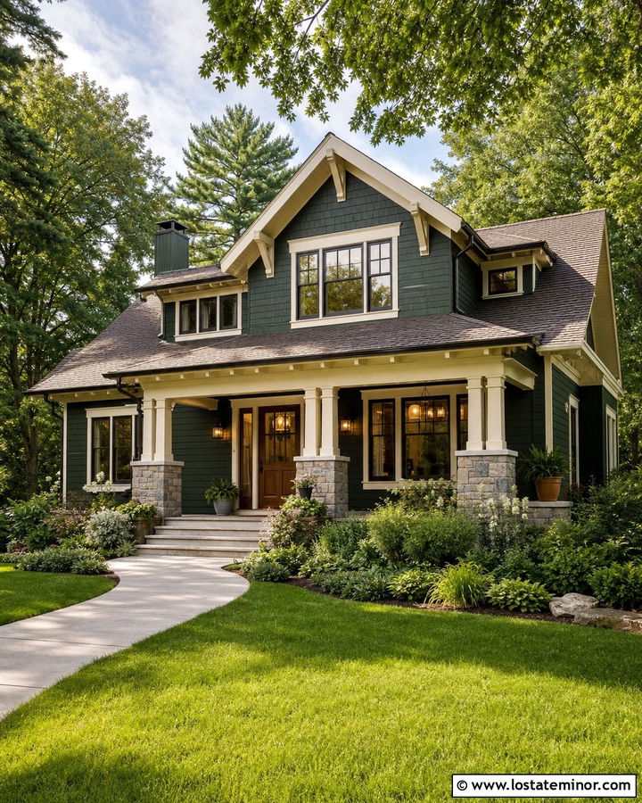 Forest Green House With Warm White Trim - 30 Forest Green House Design With Trim Ideas