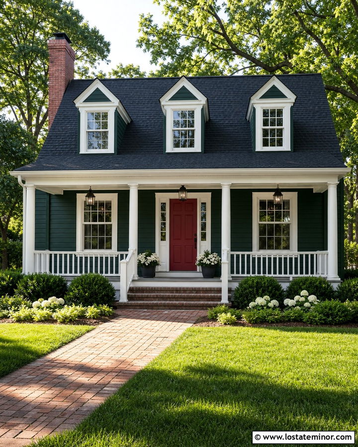 Forest Green House With White Columns And Red Door - 30 Forest Green House Design With Porch Columns Ideas
