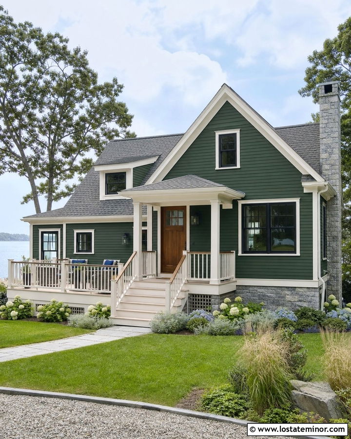 Forest Green House With White Composite Deck - 30 Forest Green House Design With Deck Ideas