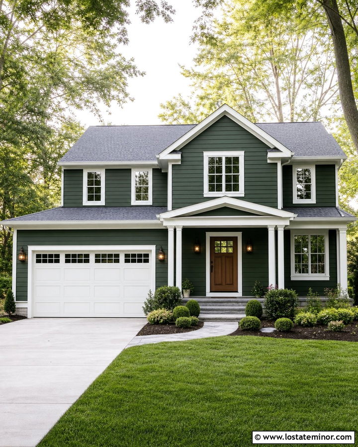 Forest Green House With White Garage Door - 30 Forest Green House Design With Garage Door Ideas