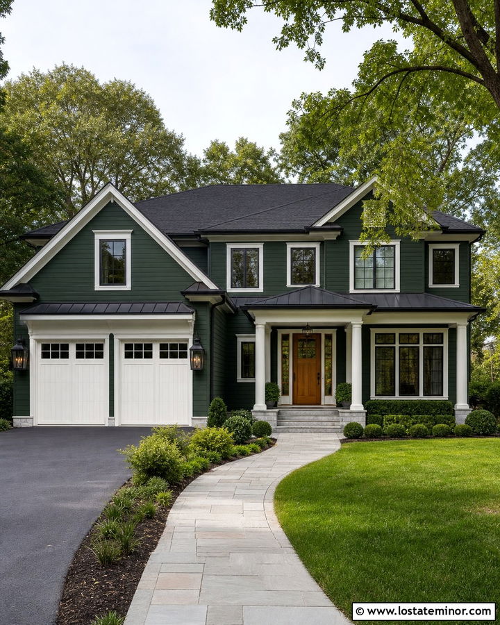 Forest Green House With White Garage Doors And Lanterns - 30 Forest Green House Design With Lighting Ideas