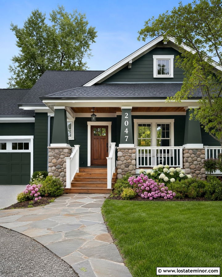Forest Green House With White Porch Numbers - 30 Forest Green House Design With House Numbers Ideas