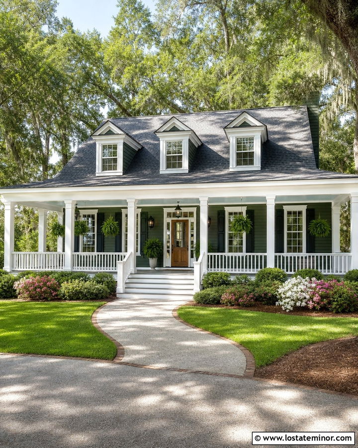 Forest Green House With White Porch - 30 Forest Green House Design With Accents Ideas