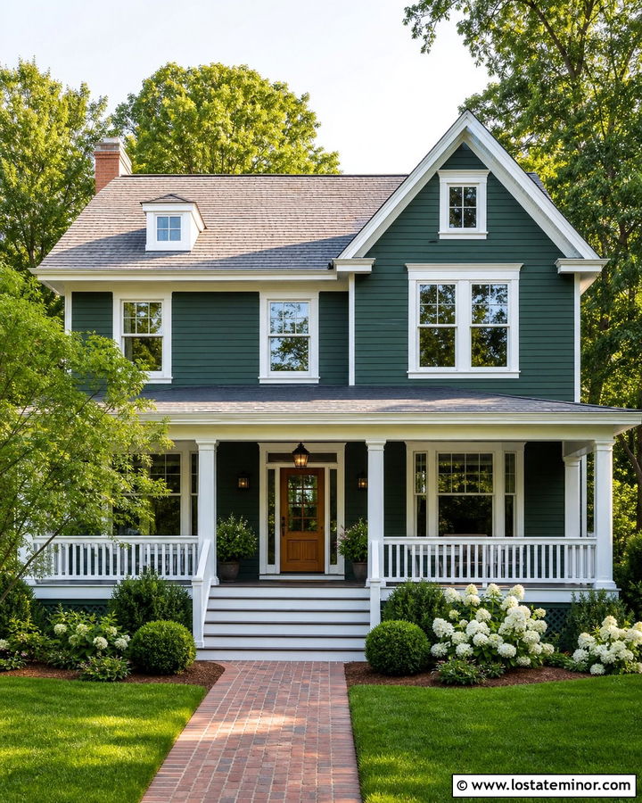Forest Green House With White Railings - 30 Forest Green House Design With Railings Ideas