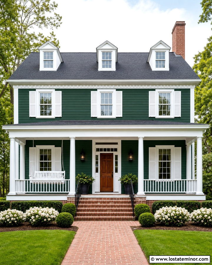 Forest Green House With White Shutters And Swing - 30 Forest Green House Design With Swing Ideas