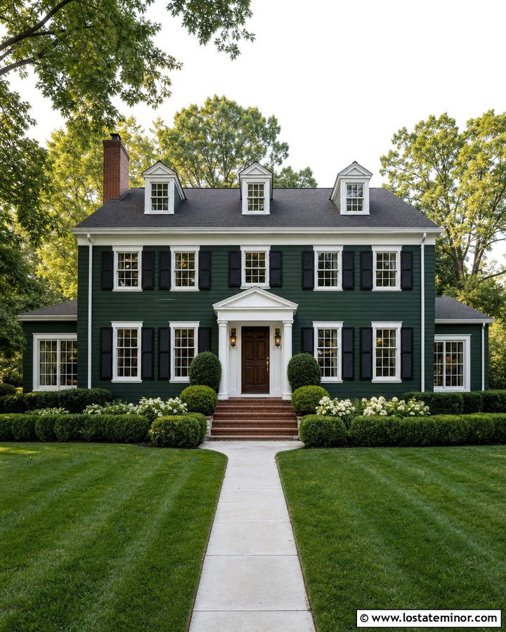 Forest Green House With White Trim And Brick Steps - 30 Forest Green House Design With Steps Ideas