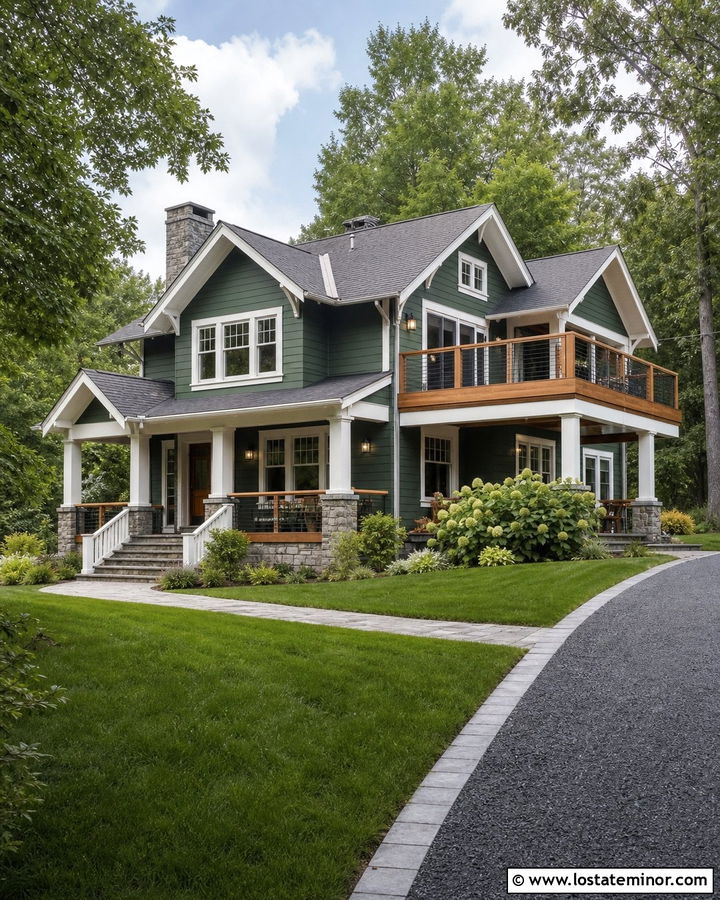 Forest Green House With White Trim And Cedar Deck - 30 Forest Green House Design With Backyard Ideas