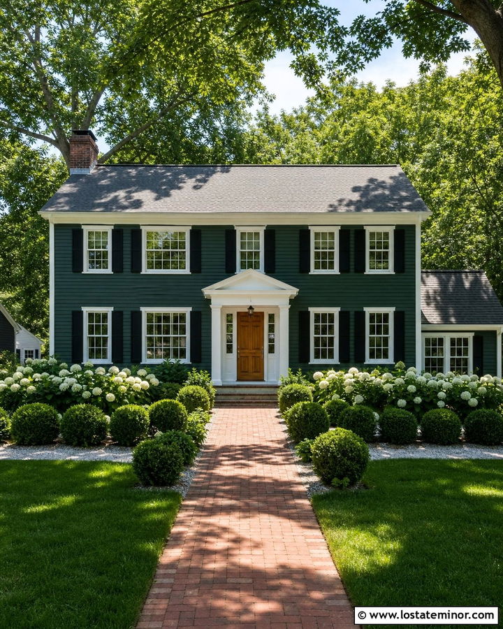 Forest Green House With White Trim And Hydrangeas - 30 Forest Green House Design With Landscaping Ideas