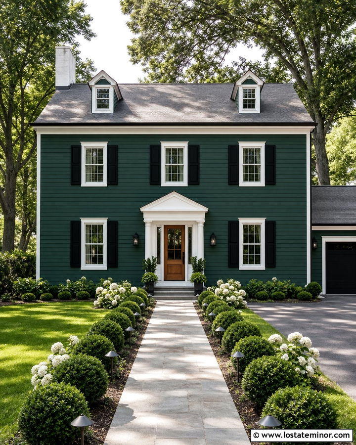 Forest Green House With White Trim And Path Lights - 30 Forest Green House Design With Lighting Ideas
