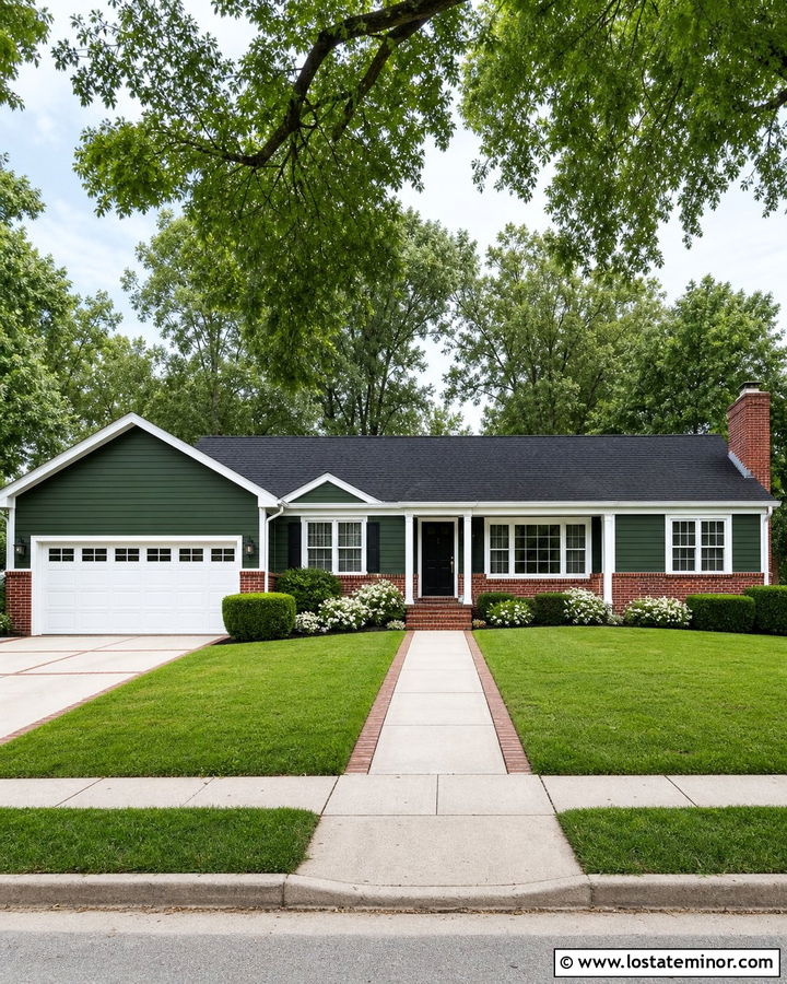 Forest Green House With White Trim And Red Brick - 30 Forest Green House Design With Trim Ideas