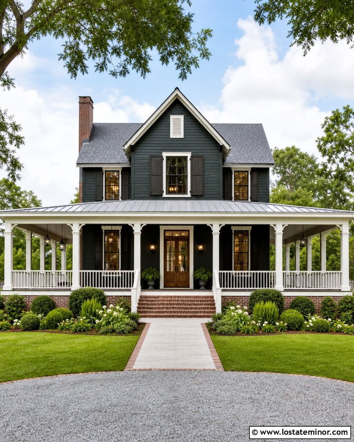 Forest Green House With White Wraparound Porch - 30 Forest Green House Design With Front Porch Ideas