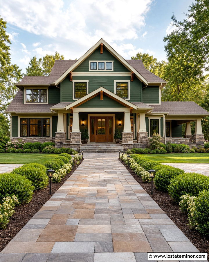 Forest Green House With Wide Entry Walkway - 30 Forest Green House Design With Walkway Ideas