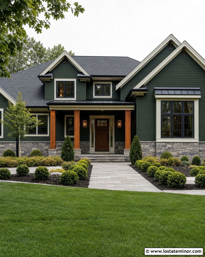 Forest Green House With Wood And Black Lights - 30 Forest Green House Design With Light Fixtures Ideas