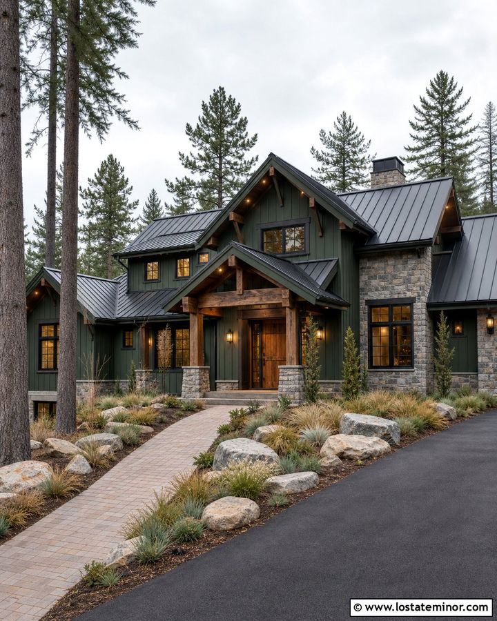 Forest Green House With Wood Beam Lighting - 30 Forest Green House Design With Lighting Ideas