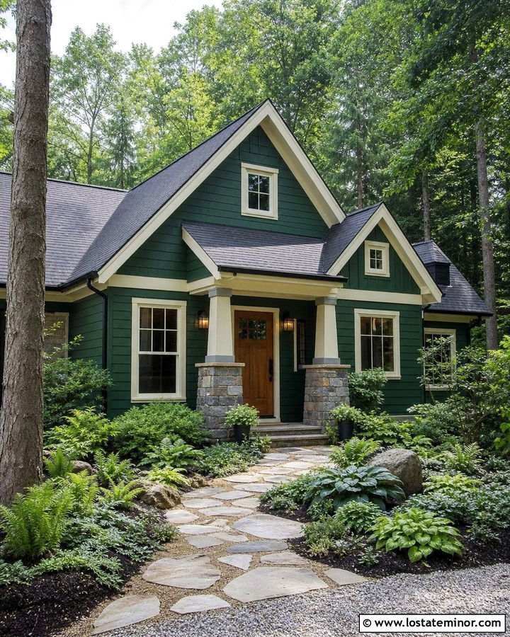 Forest Green House With Wood Door And Fern Garden - 30 Forest Green House Design With Front Yard Ideas