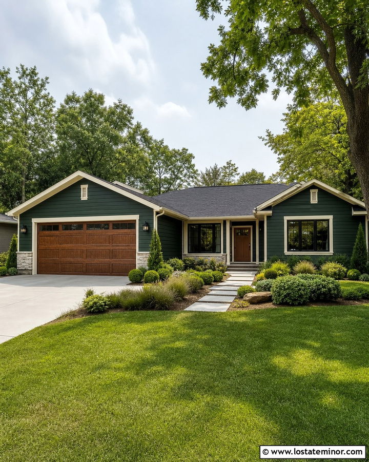 Forest Green House With Wood Garage Door - 30 Forest Green House Design With Accents Ideas