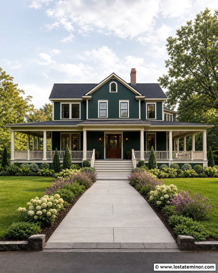 Forest Green House With Wraparound Porch And Lawn - 30 Forest Green House Design With Front Yard Ideas