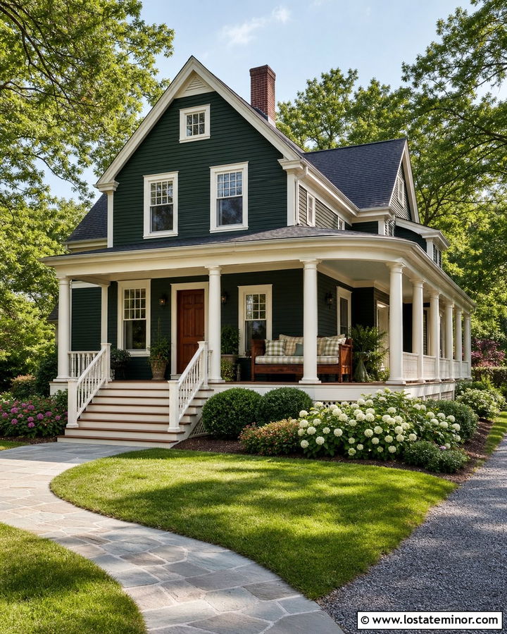 Forest Green House With Wraparound Porch Daybed - 30 Forest Green House Design With Daybed Ideas
