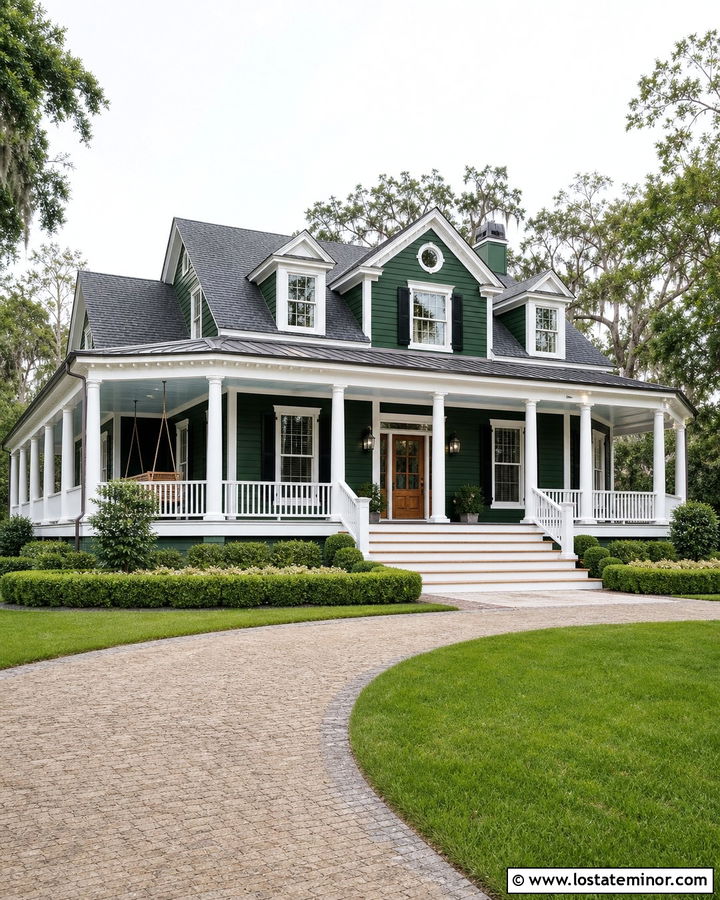 Forest Green House With Wraparound Porch Swing - 30 Forest Green House Design With Swing Ideas