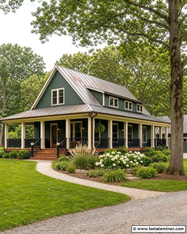 Forest Green House With Wraparound Wood Deck - 30 Forest Green House Design With Deck Ideas
