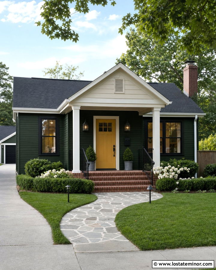 Forest Green House With Yellow Front Door Porch - 30 Forest Green House Design With Front Porch Ideas