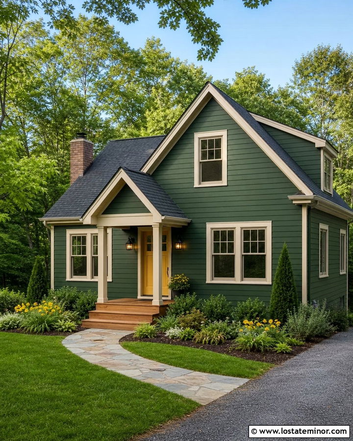 Forest Green House With Yellow Front Door - 30 Forest Green House Design With Accents Ideas