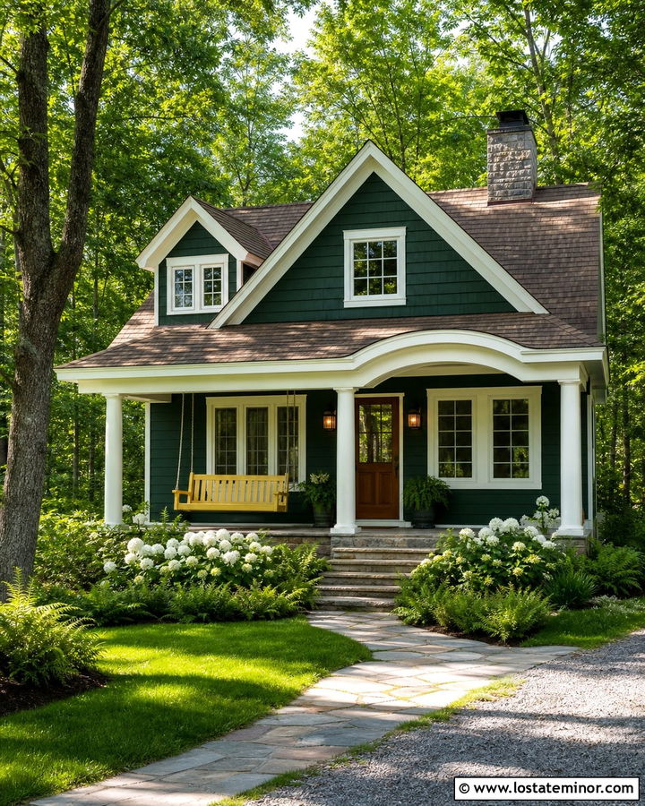 Forest Green House With Yellow Porch Swing - 30 Forest Green House Design With Swing Ideas