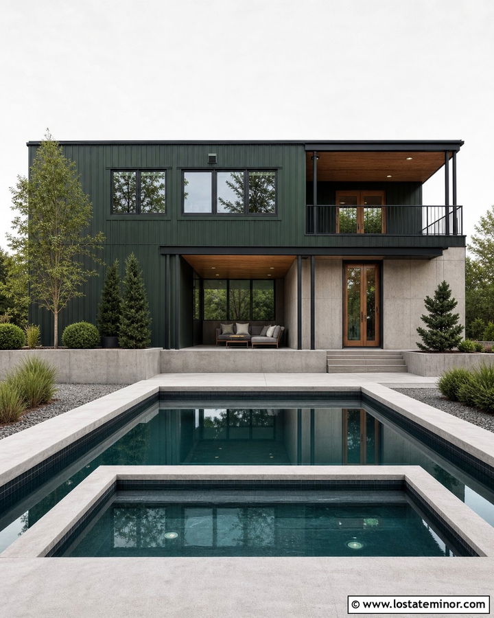 Forest Green Industrial Modern House With Concrete Pool - 30 Forest Green House Design With Swimming Pool Ideas