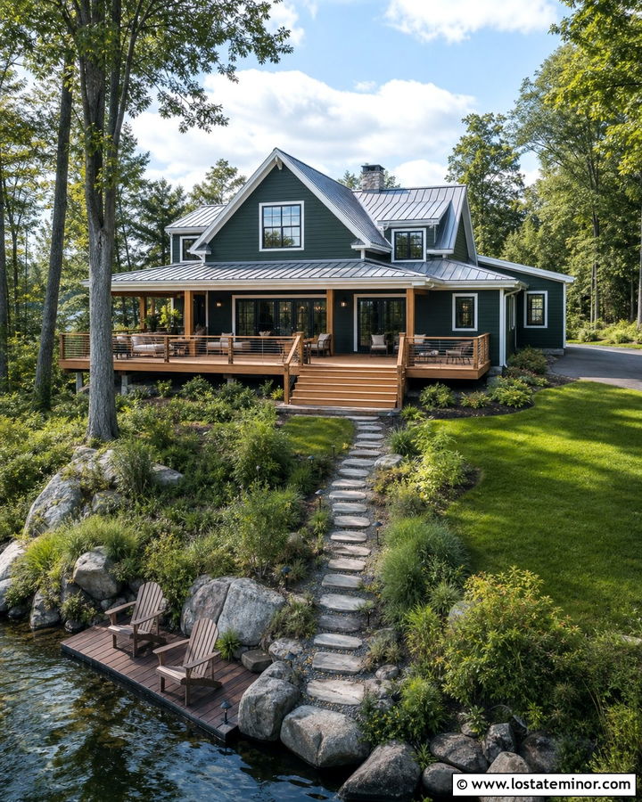 Forest Green Lake House With Deck And Backyard Path - 30 Forest Green House Design With Backyard Ideas