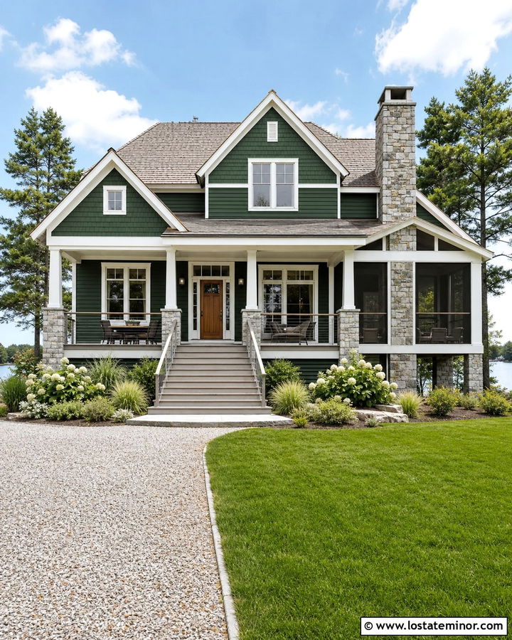 Forest Green Lake House With Granite Chimney - 30 Forest Green House Design With Chimney Ideas