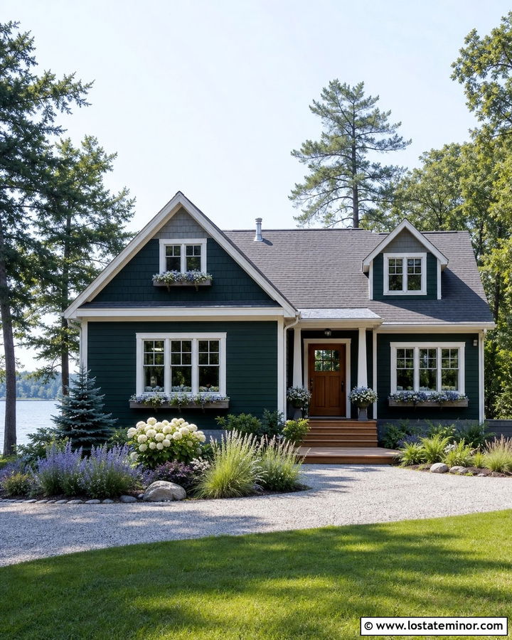 Forest Green Lake House With Gray Window Boxes - 30 Forest Green House Design With Window Boxes Ideas