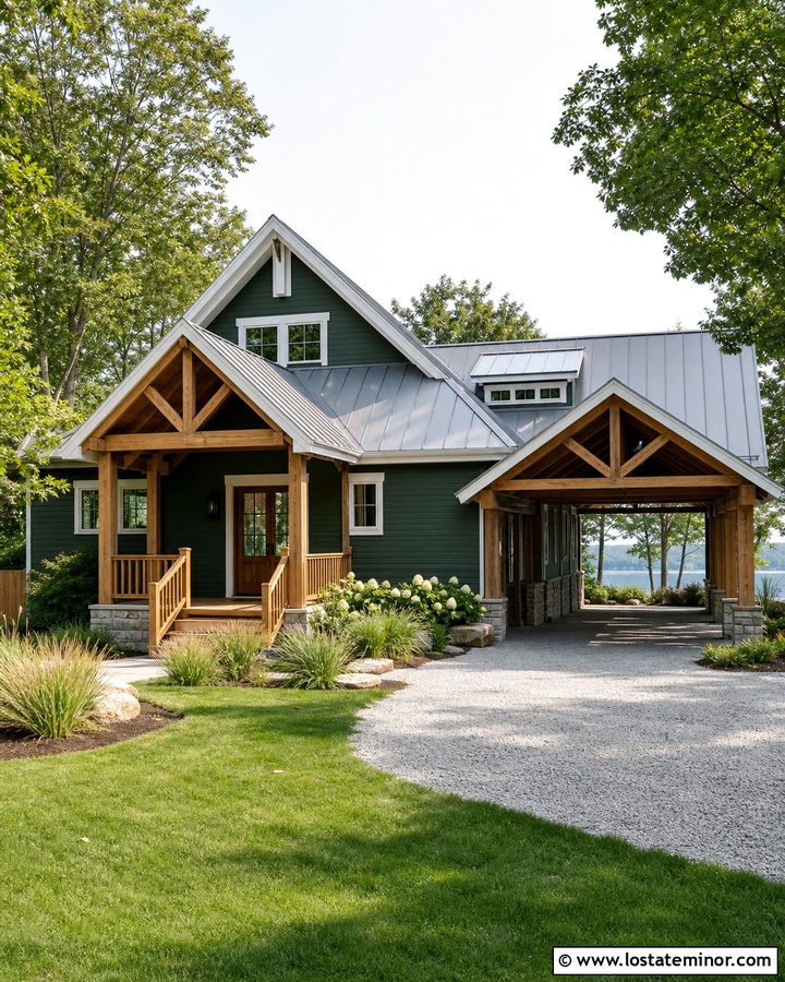 Forest Green Lake House With Open Carport - 30 Forest Green House Design With Carport Ideas