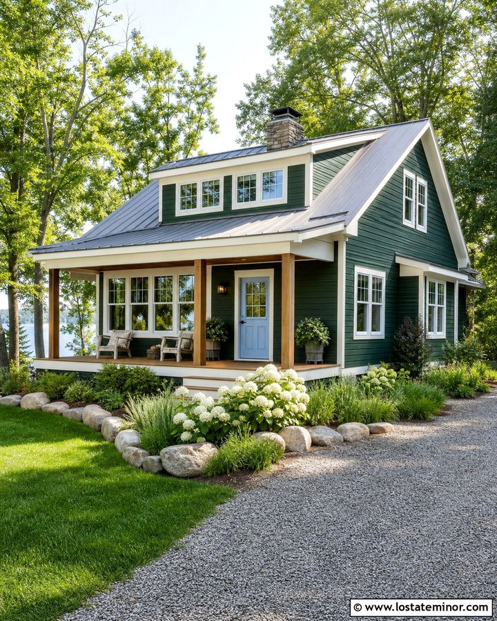 Forest Green Lake House With Sky Blue Dutch Door - 30 Forest Green House Design With Dutch Door Ideas